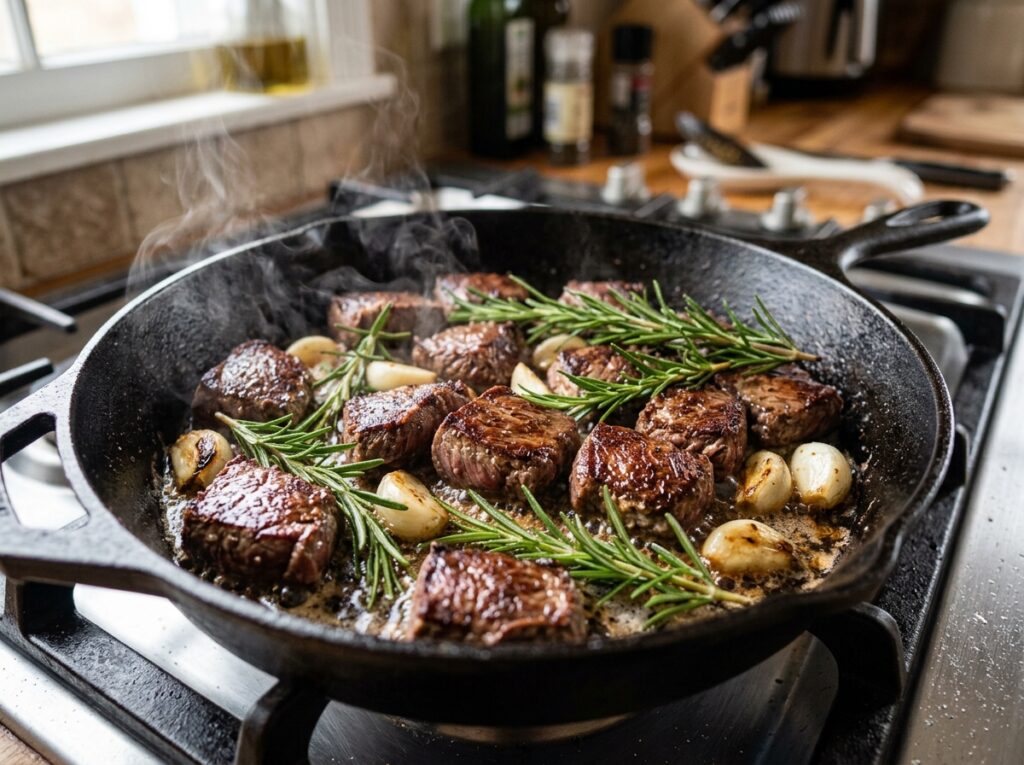 Steak bites searing in skillet 202607311926