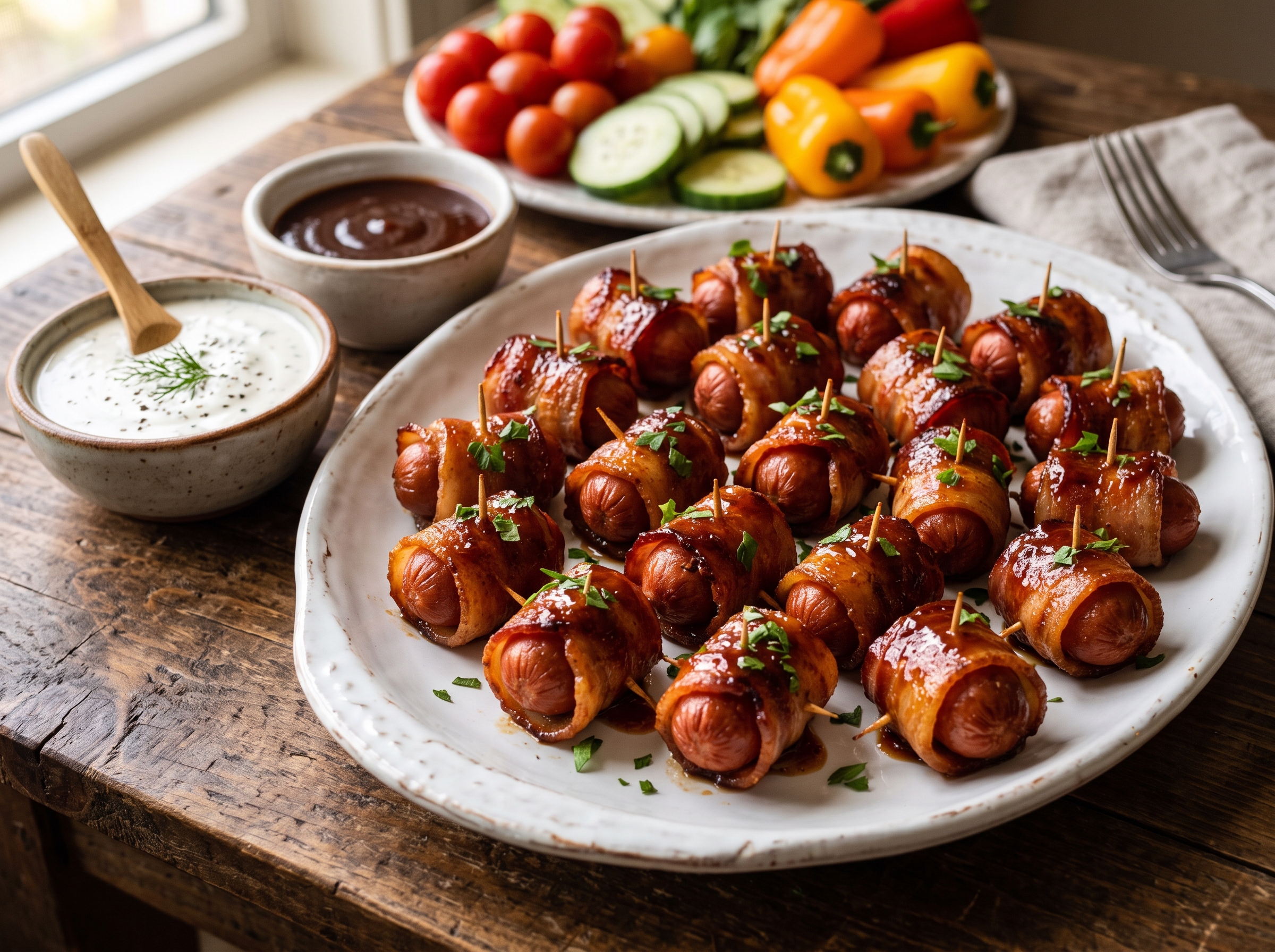 BBQ Bacon-Wrapped Hot Dog Bites – Easy Party Appetizer 3 bbq-bacon-wrapped-hot-dog-bites-with-dipping-sauce