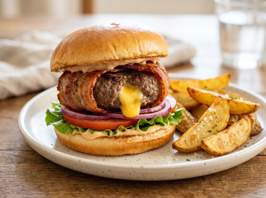 air-fryer-bacon-wrapped-stuffed-burger-with-cheese