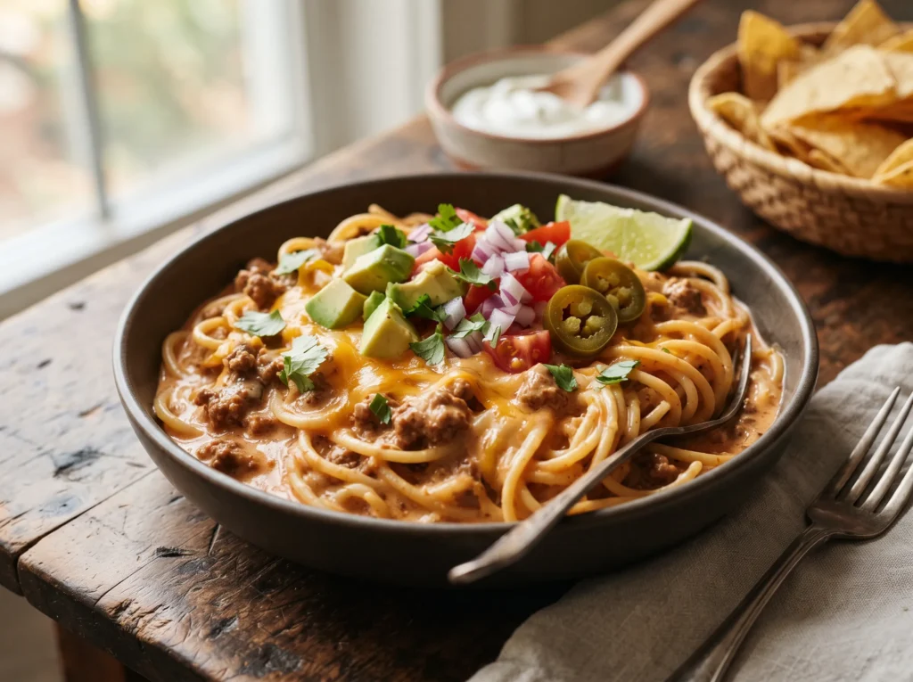 creamy-taco-spaghetti-with-cheese
