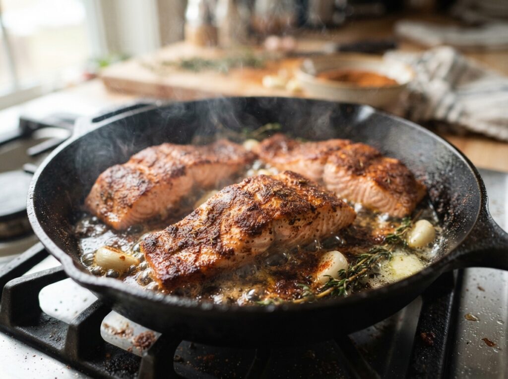 Cajun salmon cooking in skillet 202608040027