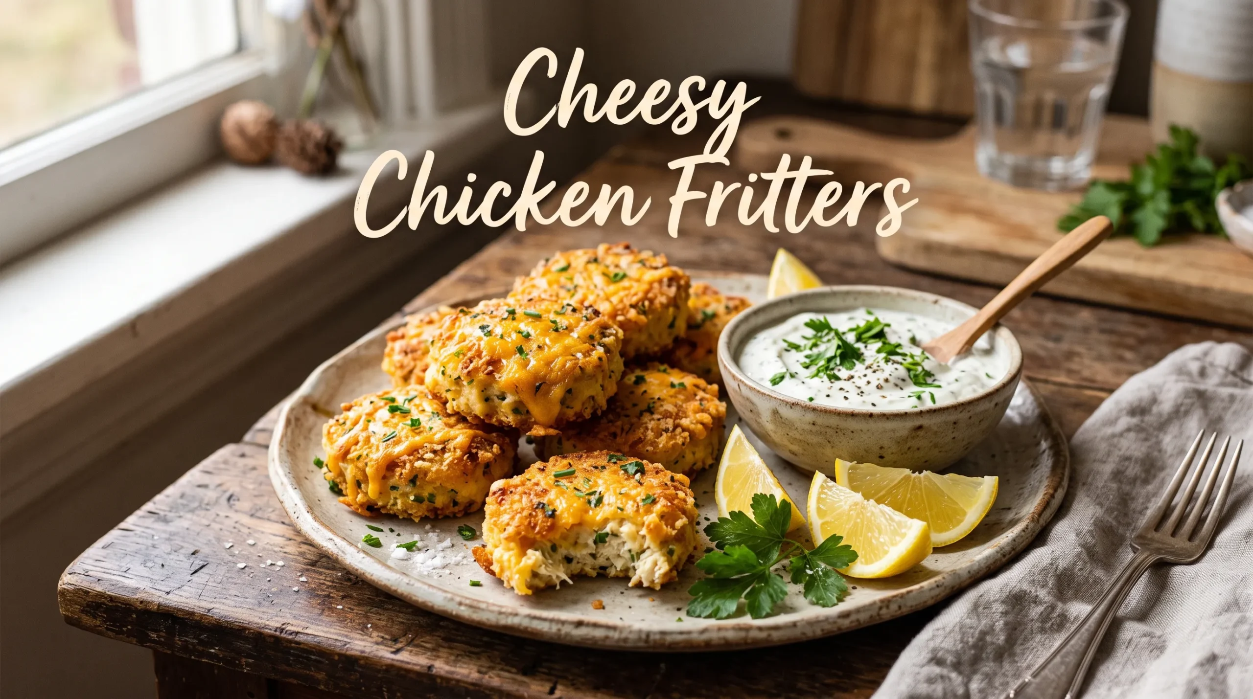 cheesy-chicken-fritters-herb-cream-dip