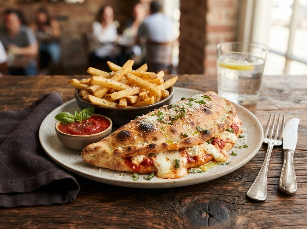 Cheesy Calzone Recipe with Crispy Fries and Sauce 4 Cheesy calzone served with fries 202608050027