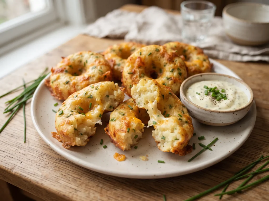 Cheesy Potato and Chive Donuts 3 baked-cheesy-donuts-with-dipping-sauce