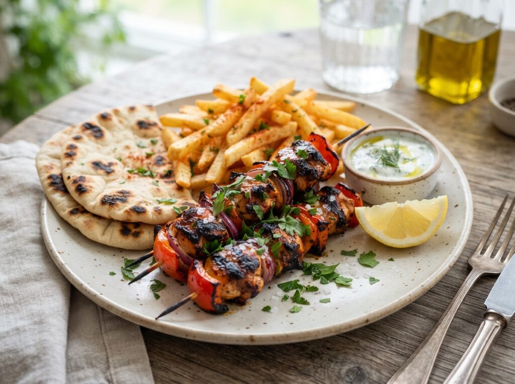 Easy Summer Chicken Skewers with Fries & Flatbread 2 Chicken Skewers with Fries 202608040120 1