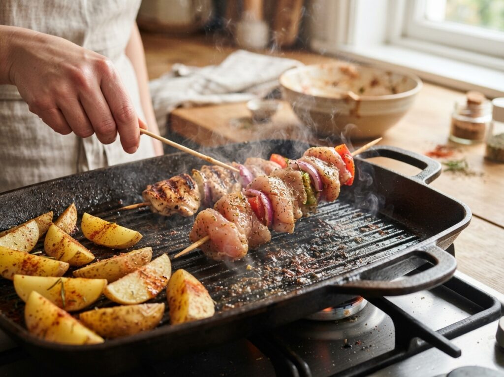 Garlic Parmesan Chicken Skewers with Crispy Wedges 3 Chicken and potato skewers grilling 202608040049