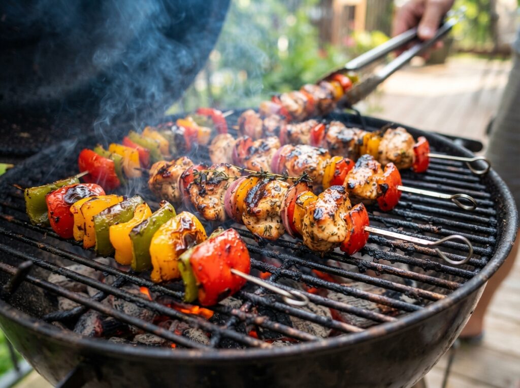 Easy Summer Chicken Skewers with Fries & Flatbread 4 Chicken skewers cooking on grill 202608040120