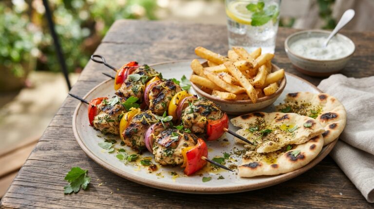 Easy Summer Chicken Skewers with Fries & Flatbread