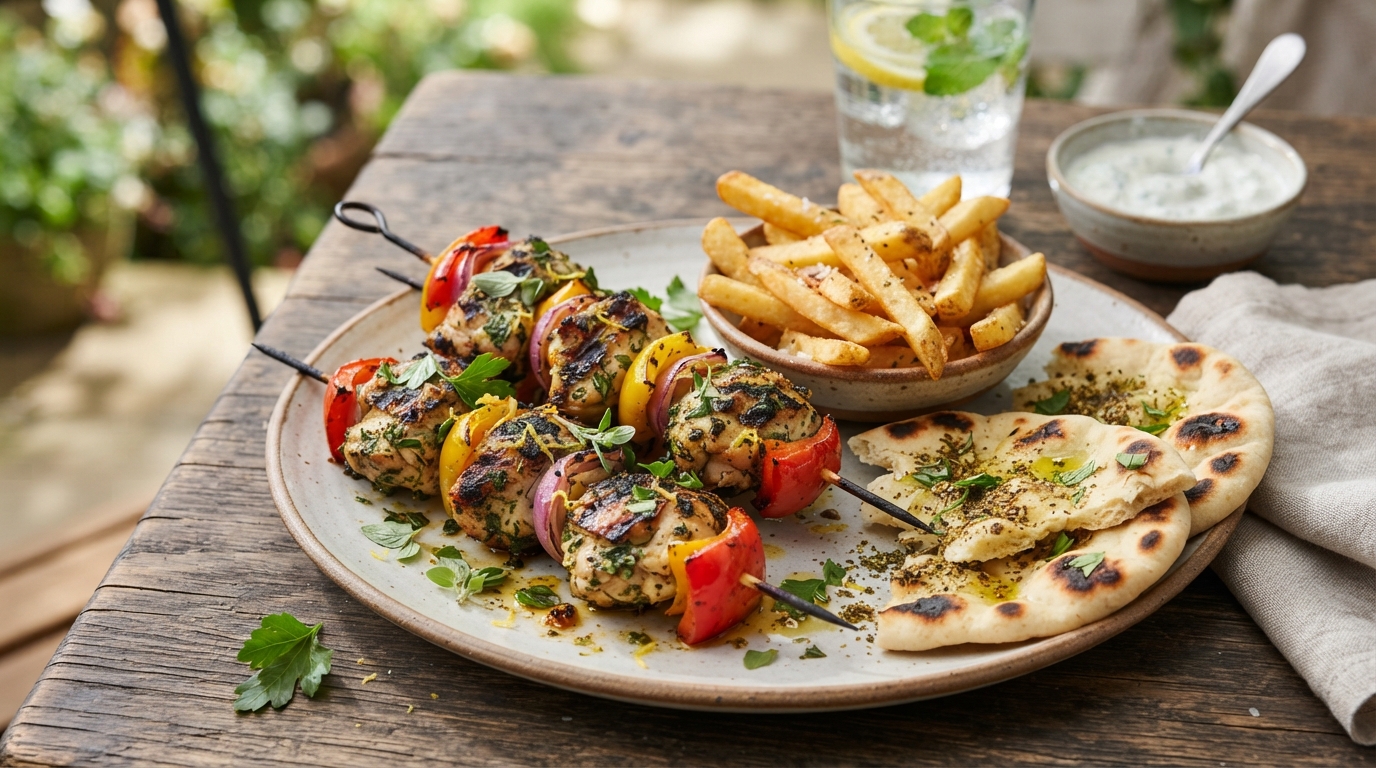 Chicken skewers with fries 202608040120