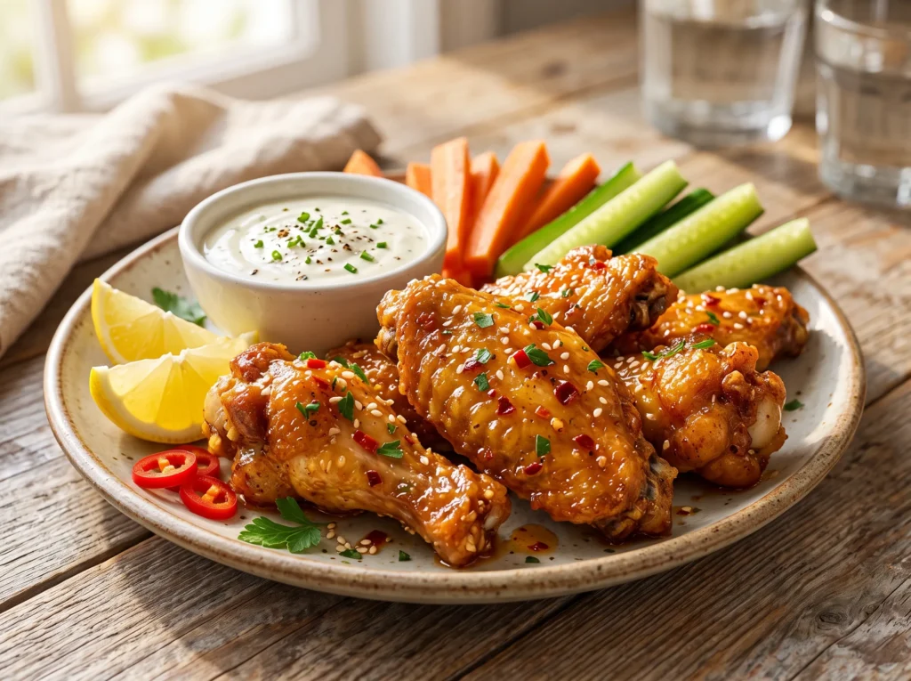 Chili Garlic Butter Wings 3 chili-garlic-butter-wings-with-dipping-sauce