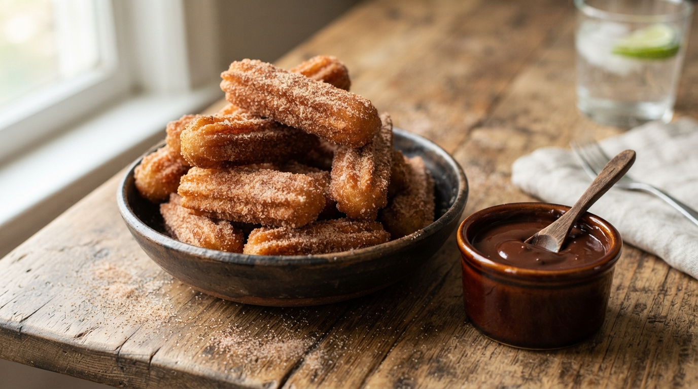 Churro bites with chocolate sauce 202608050135