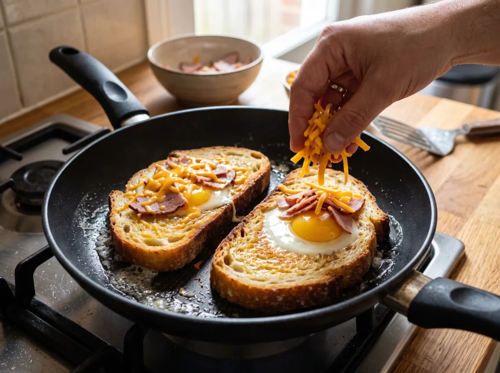 Ultimate Ham, Egg & Cheese Toast Sandwich Recipe 2 how-to-make-egg-in-a-hole-ham-cheese-toast