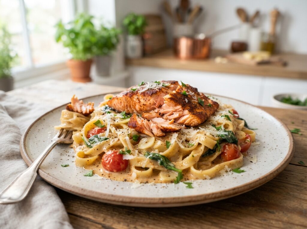 Creamy garlic cajun salmon pasta 202608040027