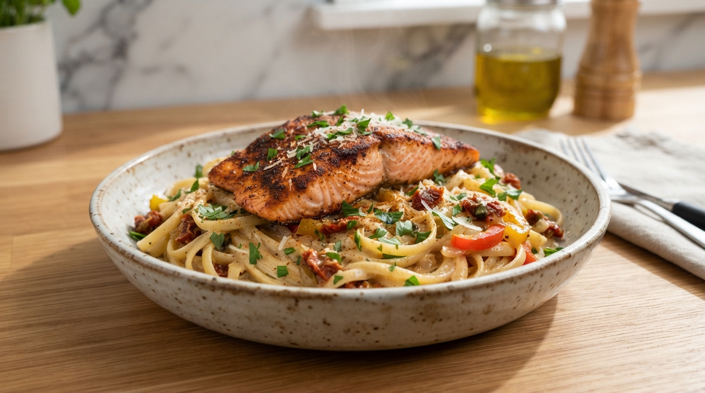 Creamy garlic salmon pasta 202608040026