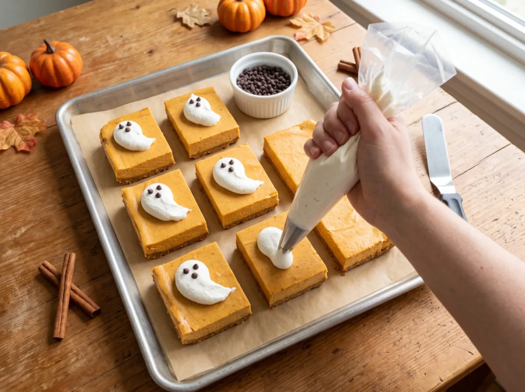 Pumpkin Cheesecake Bars with Cute Ghosts 2 how-to-make-pumpkin-cheesecake-bars