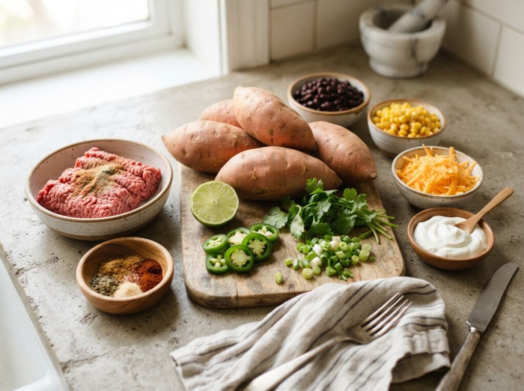 Taco Beef Loaded Sweet Potato: Easy Weeknight Dinner 2 Food photography ingredients for… 202608040132