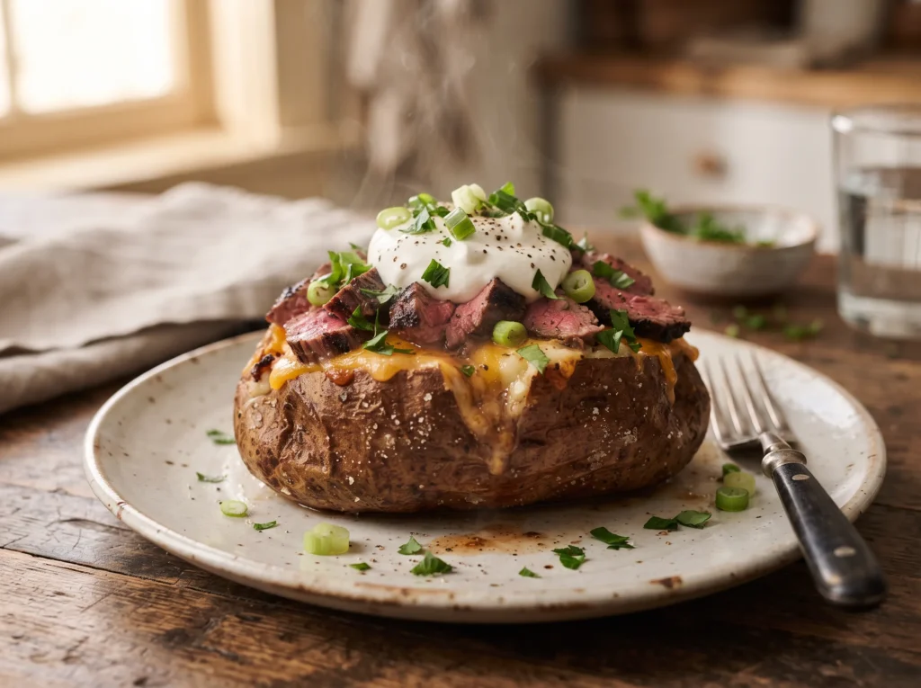 Grilled Steak Loaded Baked Potatoes 3 steak-loaded-baked-potatoes-with-cheese-and-sour-cream