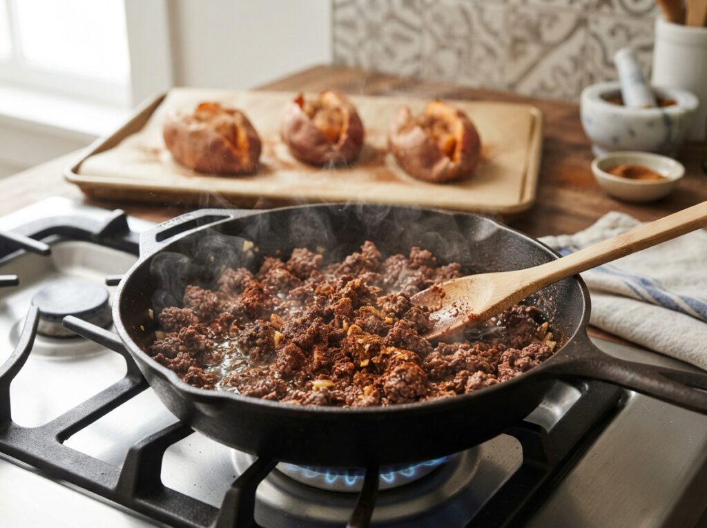 Taco Beef Loaded Sweet Potato: Easy Weeknight Dinner 3 Ground beef browning in skillet 202608040132