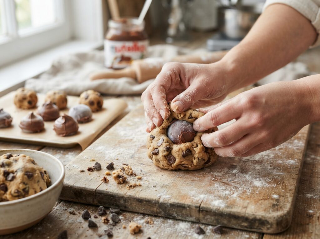 Soft Choc Chip Nutella Bombs Recipe You’ll Crave Daily 3 Hands wrapping Nutella cookie dough 202608050128