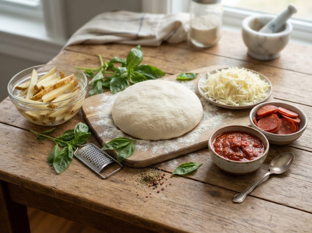 Cheesy Calzone Recipe with Crispy Fries and Sauce 2 Ingredients arranged for calzone 202608050027