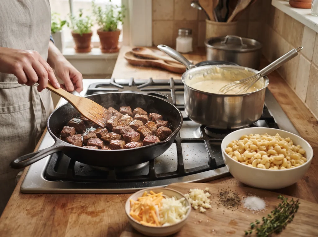 Steak Bites Mac & Cheese 2 how-to-make-steak-bites-mac-and-cheese