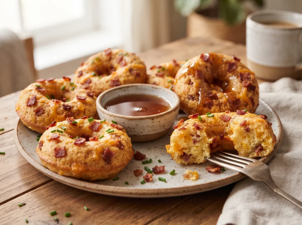 Baked Bacon Cheddar Pancake Donuts 3 bacon-cheddar-pancake-donuts-with-maple-dip