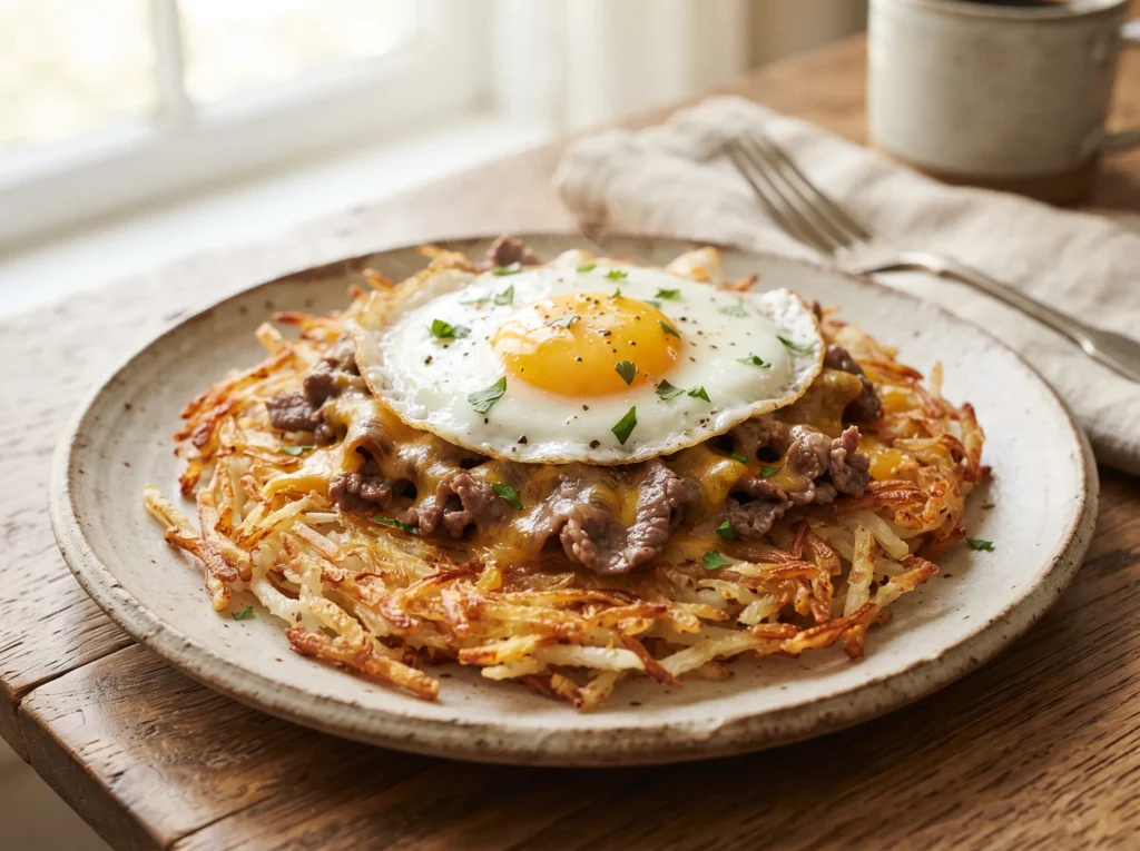 cheesy-shaved-ribeye-hash-browns-fried-egg-serving
