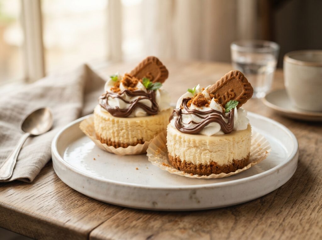 Easy No-Bake Mini Cheesecakes with Biscoff & Nutella 4 Plated mini cheesecakes with top… 202608050143