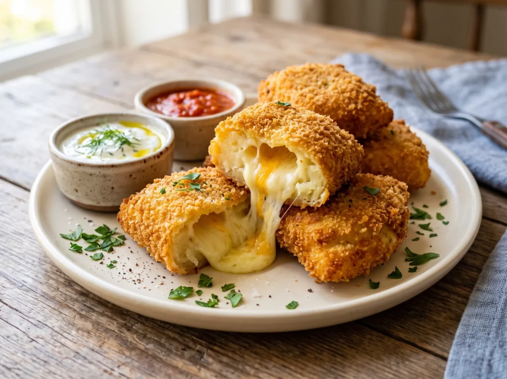 Potato Cheese Stuffed Pockets – Crispy & Cheesy Recipe 3 crispy-potato-cheese-pockets-with-dipping-sauce