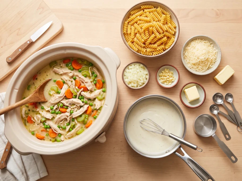 Slow Cooker Chicken Pot Pie Pasta 2 how-to-make-chicken-pot-pie-pasta