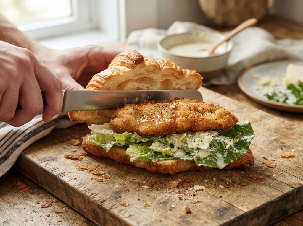 Crispy Chicken Caesar Croissant Sandwich Recipe 3 Preparing crispy chicken croissa… 202608050104