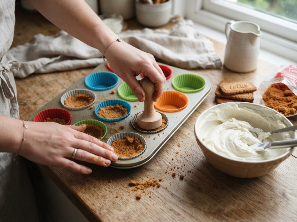 Easy No-Bake Mini Cheesecakes with Biscoff & Nutella 3 Preparing mini cheesecake crusts 202608050143