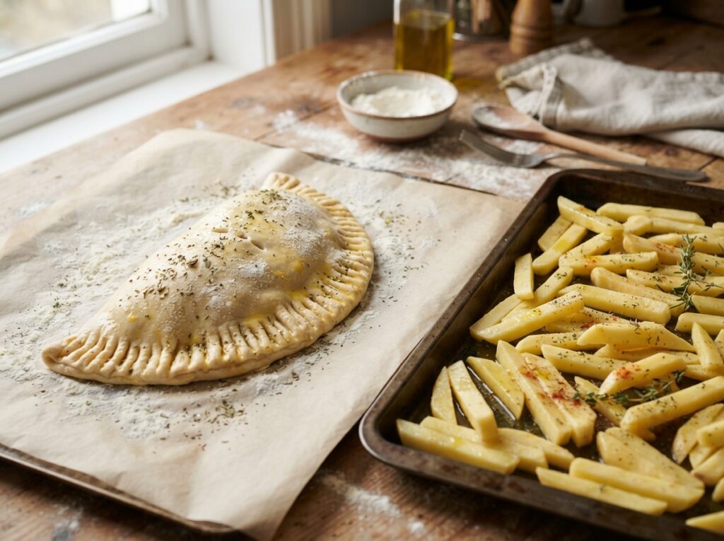 Cheesy Calzone Recipe with Crispy Fries and Sauce 3 Preparing unbaked calzone and fries 202608050027