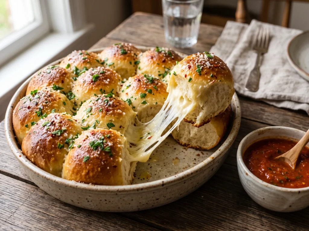 Cheesy Garlic Bread 3 mozzarella-stuffed-garlic-rolls-with-marinara