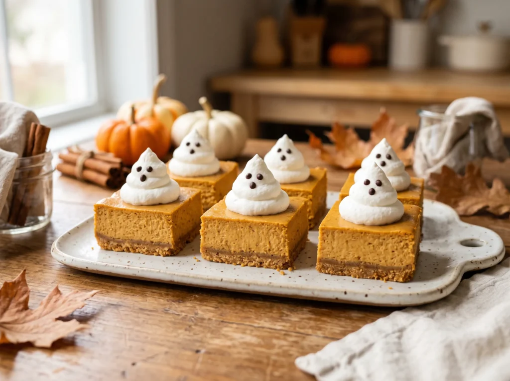 Pumpkin Cheesecake Bars with Cute Ghosts 3 serving-pumpkin-cheesecake-bars
