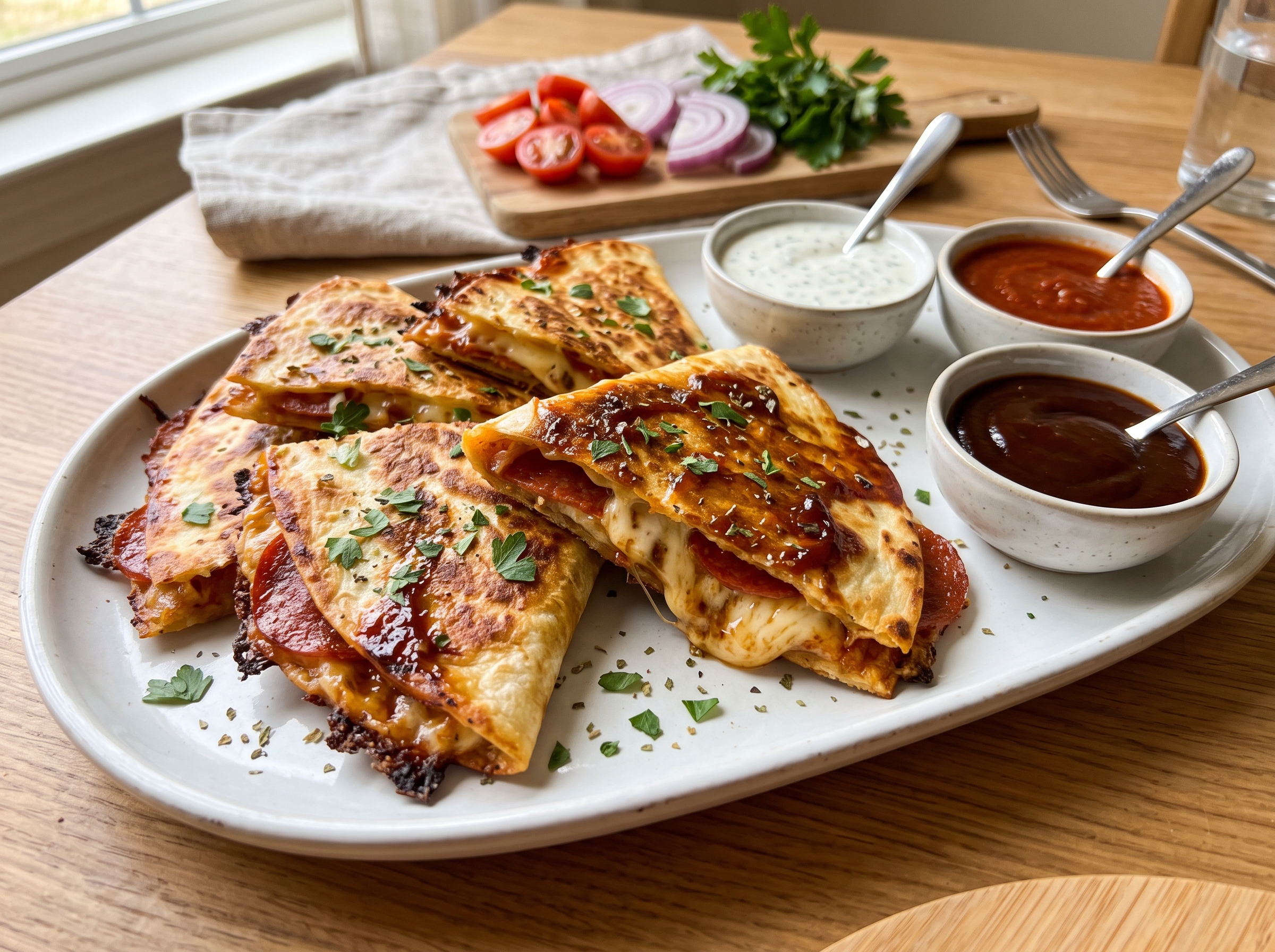 Pepperoni Pizza Quesadilla Recipe | Crispy & Cheesy 3 bbq-pepperoni-pizza-quesadilla-with-dipping-sauce