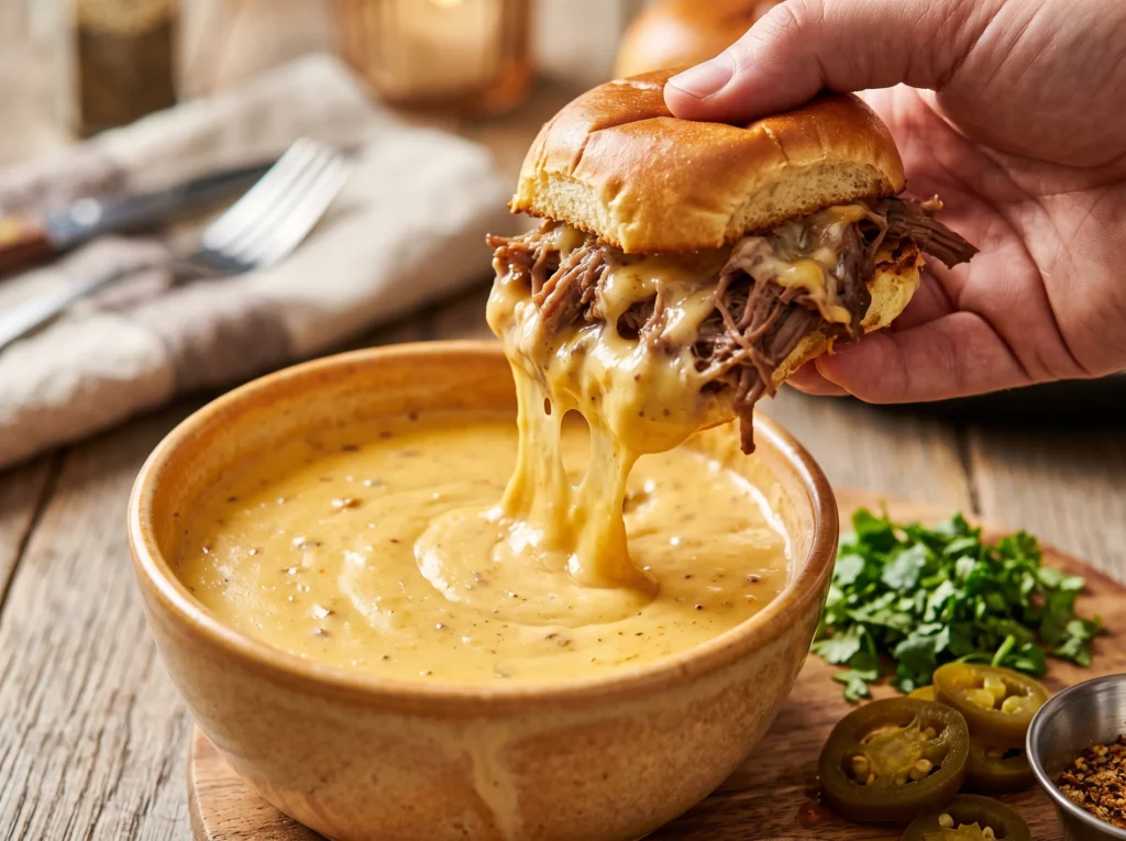 queso-dipped-pulled-beef-sliders-with-cheese