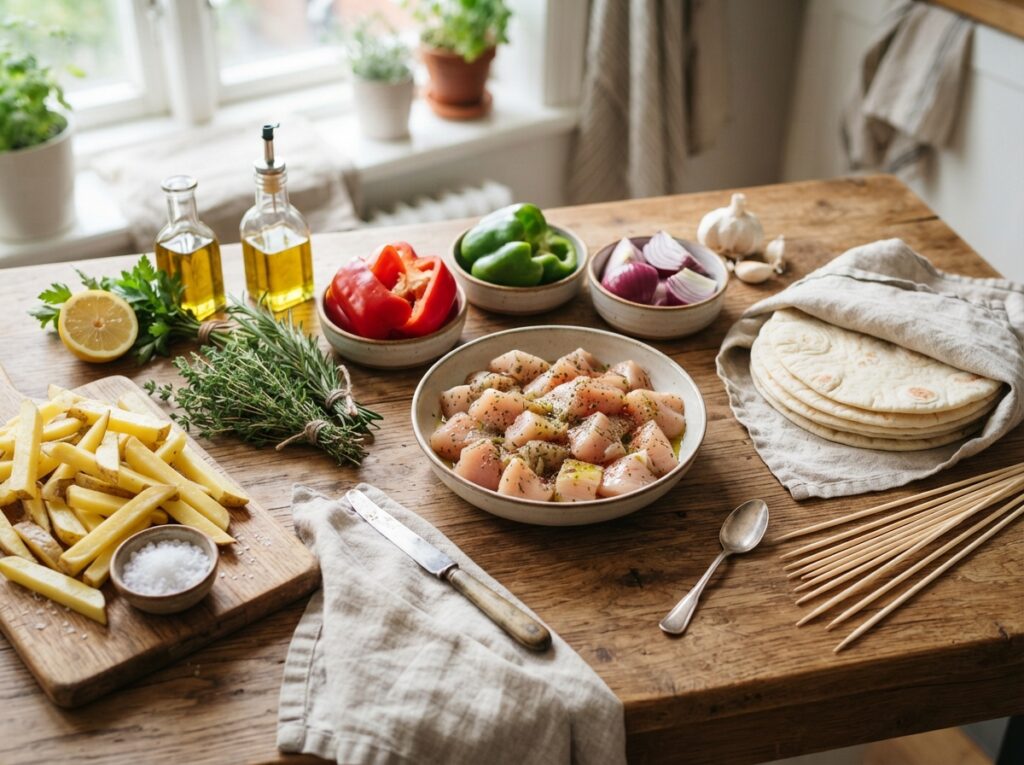 Easy Summer Chicken Skewers with Fries & Flatbread 3 Raw ingredients for chicken skewers 202608040120