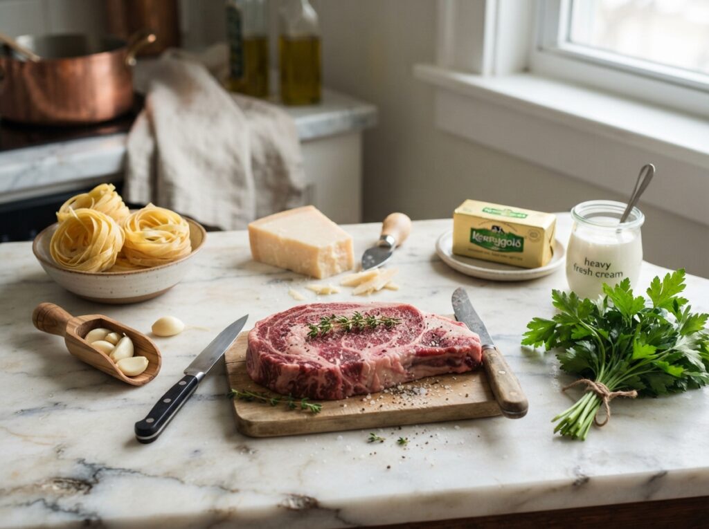 Garlic Butter Steak & Creamy Pasta Recipe 2 Raw ingredients for steak pasta 202608040058