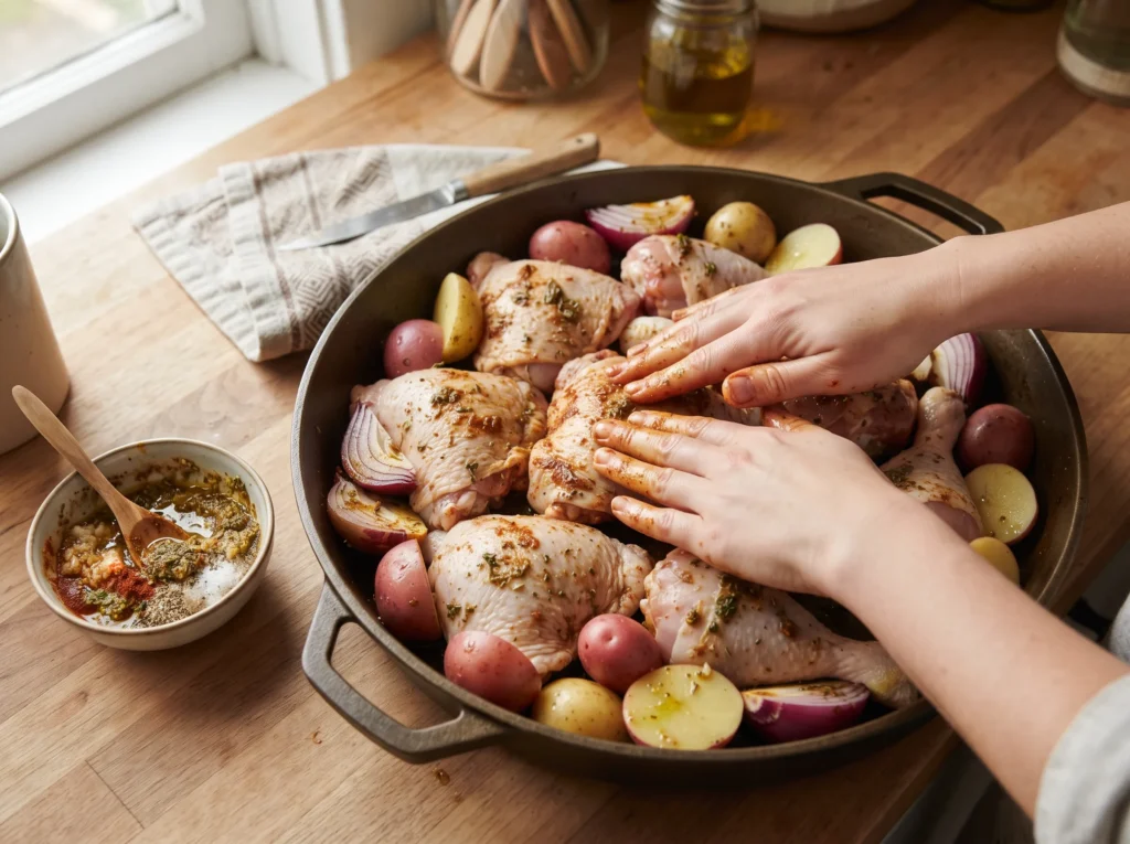 how-to-make-one-pan-baked-chicken-potatoes