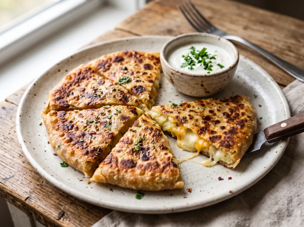 Cheesy Potato Flatbread Recipe 3 cheesy-potato-flatbread-with-yogurt-dip
