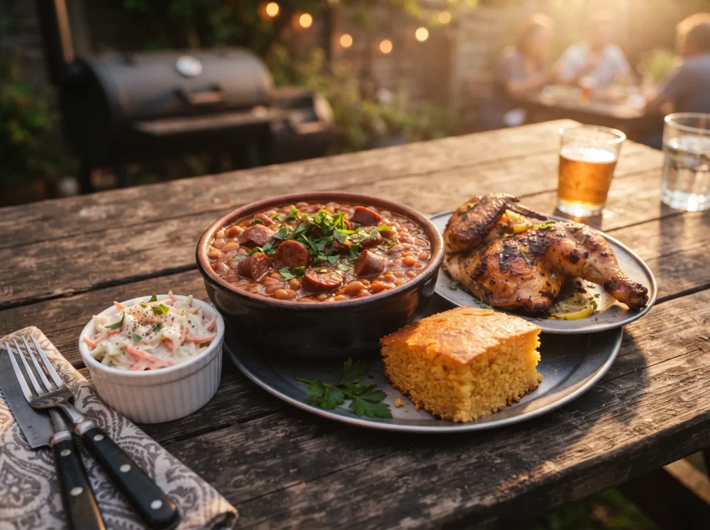 Smoked Baked Beans with Sausage 3 smoked-baked-beans-with-sausage-served-with-bbq