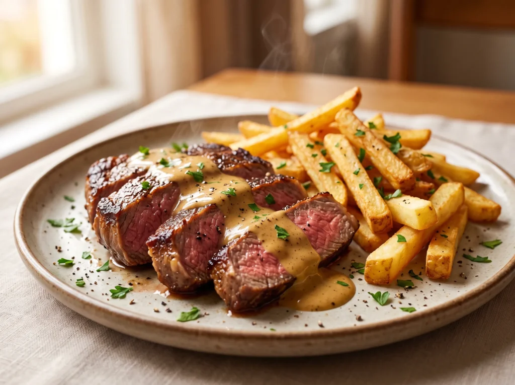 Steak Frites with Creamy Mustard Sauce 3 steak-frites-creamy-mustard-sauce-serving
