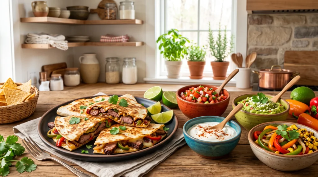 Cheesy Steak Fajita Steak Quesadilla 3 cheesy-steak-quesadilla-served-with-salsa-and-guacamole