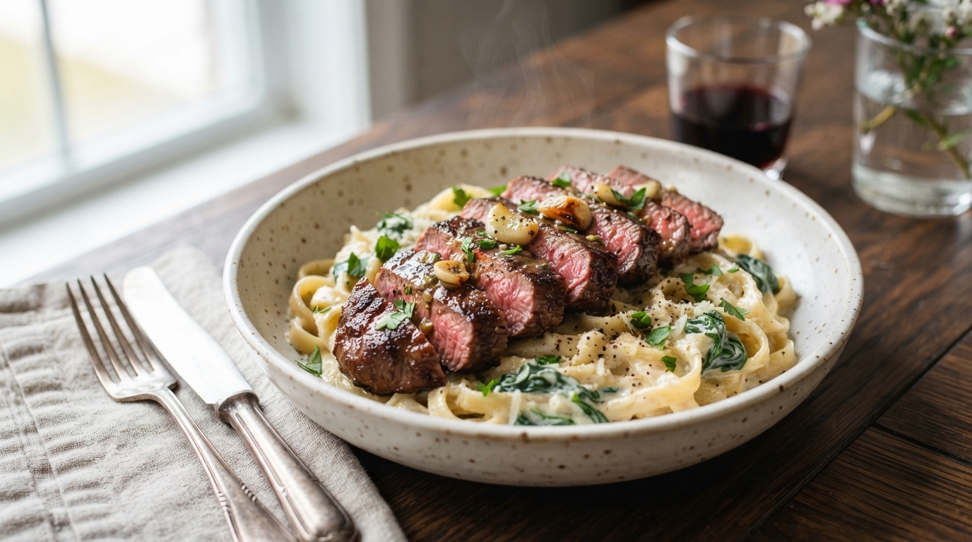 Steak and pasta photography 202608040058