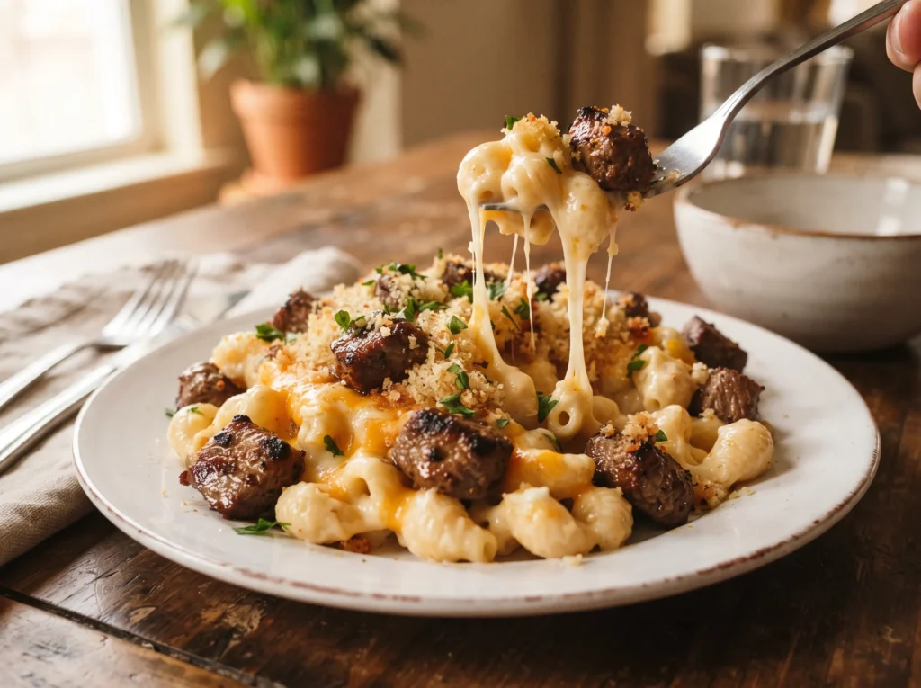 Steak Bites Mac & Cheese 3 steak-bites-mac-and-cheese-serving