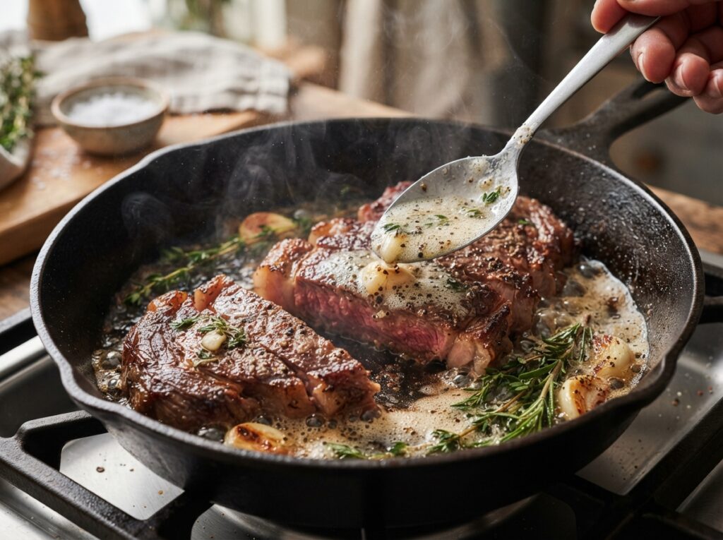 Garlic Butter Steak & Creamy Pasta Recipe 3 Steak sizzling in cast iron skillet 202608040058