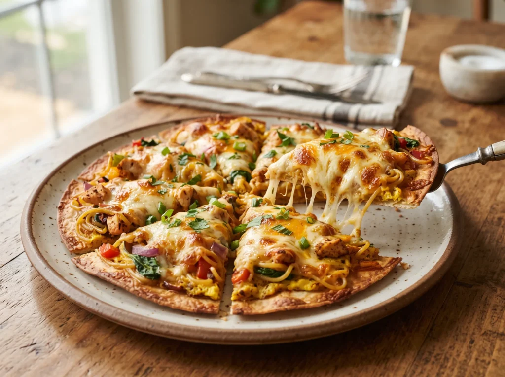 cheesy-tortilla-noodle-egg-pizza-with-chicken