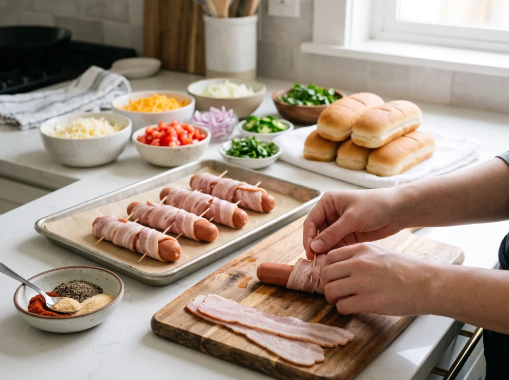 Bacon Wrapped Loaded Hot Dogs 2 how-to-make-bacon-wrapped-loaded-hot-dogs